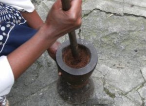 grinding the roasted coffee with a traditional Oromo mortar